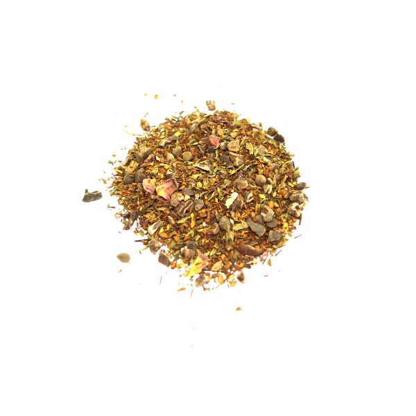 Mint Julep Rooibos Tea with Peppermint Leaf, Cacao Nibs, and Rose Petals. Caffeine Free and mimics a great Mint Julep Drink!