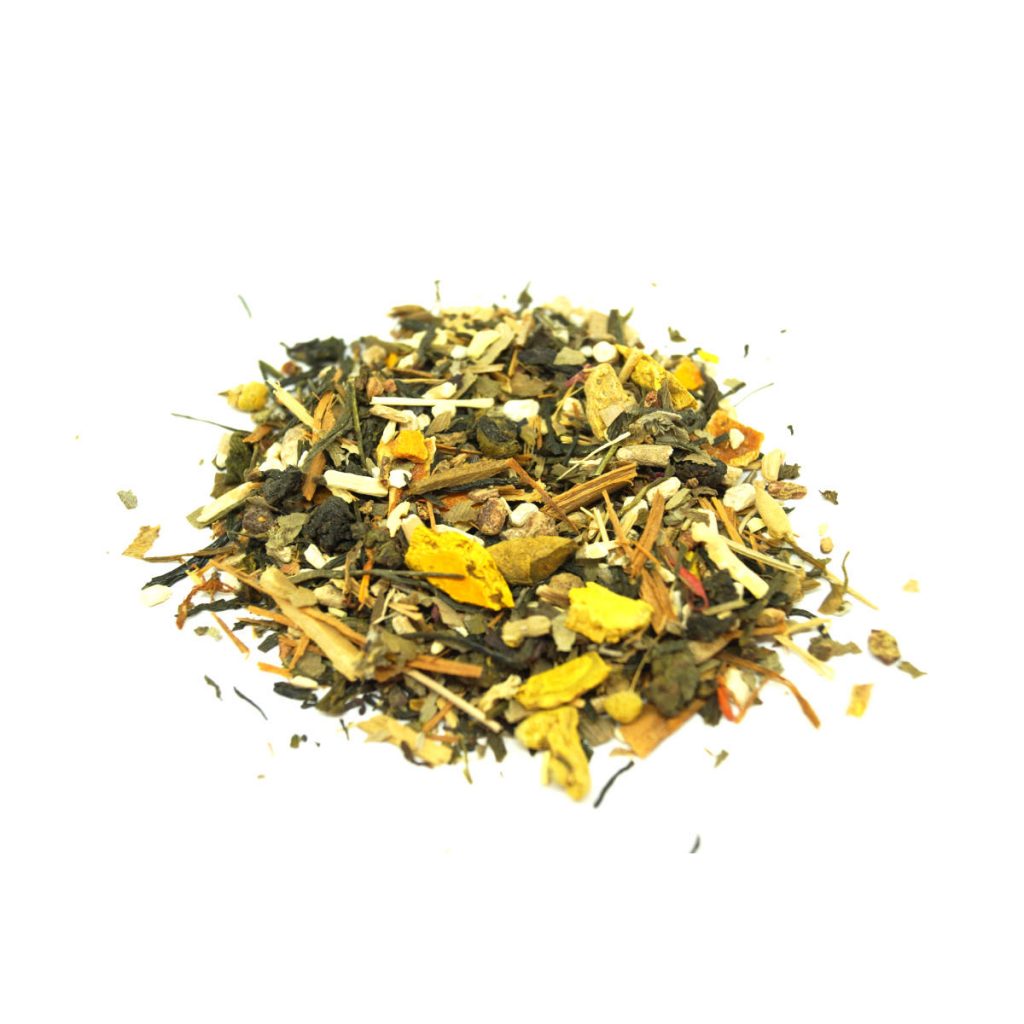 Gyokuro Green Tea with trawberries, Ginkgo, Turmeric, Ashwagandha, Chamomile and Ginseng.