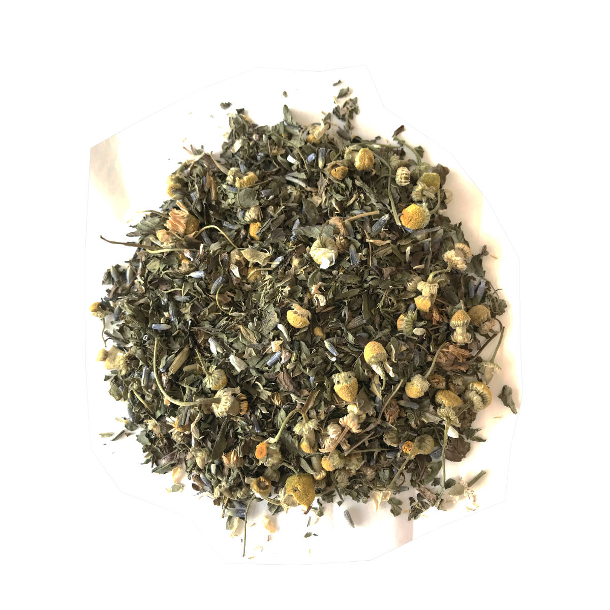 Chillax Tisane Tea made with Spices of Chamomile, Lavender, Spearmint and Stevia Leaf.