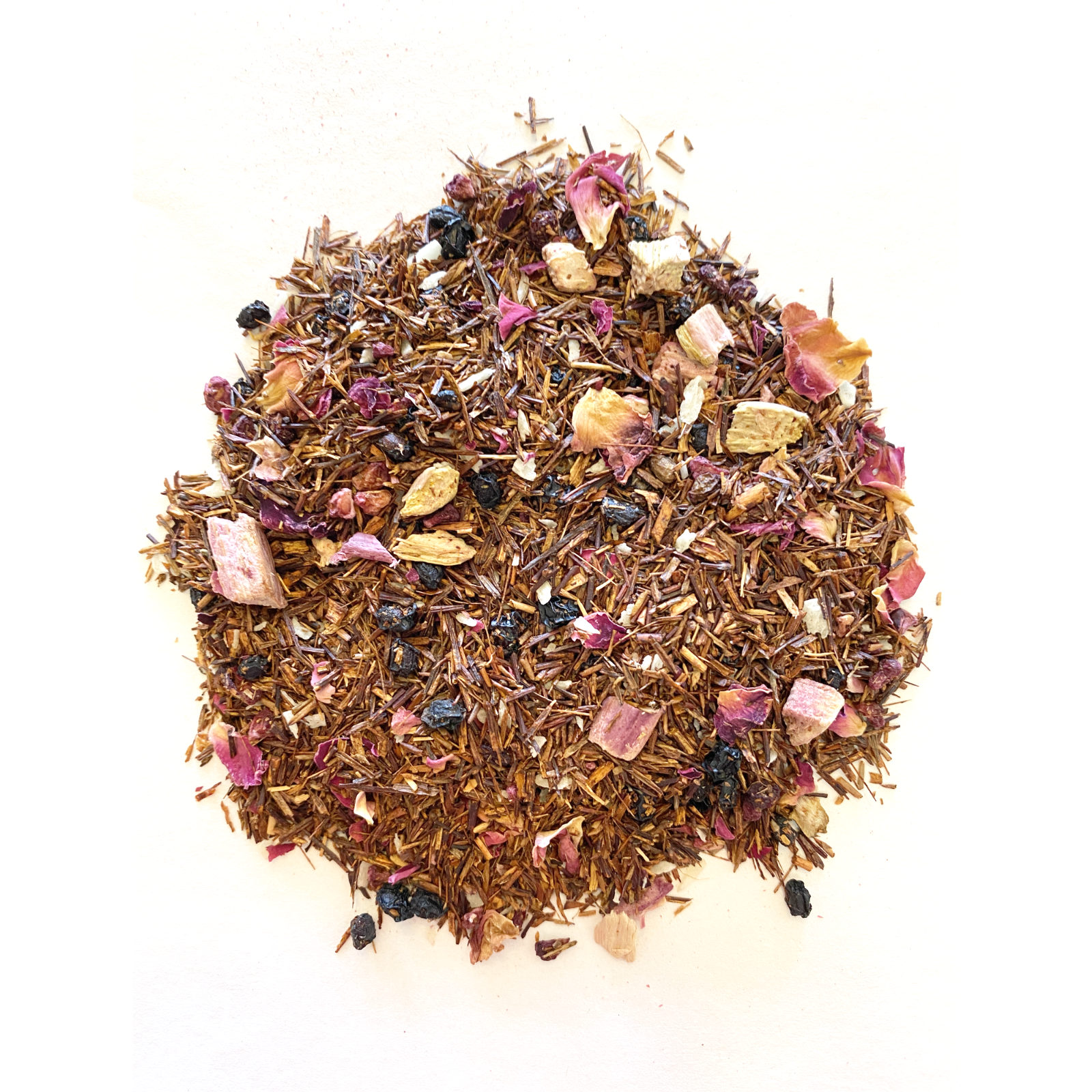 Rhubarb Raspberry Rooibos Tea from Cedarburg Province in South Africa with Freeze Dried Rhubarb, Freeze Dried Raspberry and Vanilla Essential Oil.