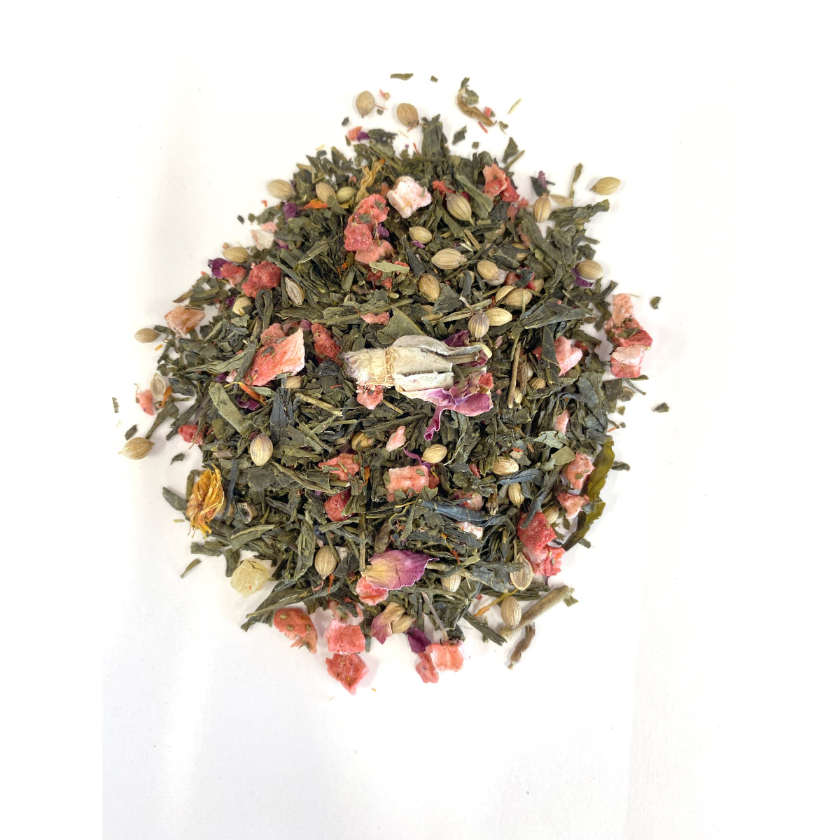 olstice Green Tea Chinese Sencha Green Tea with a structured leaf and mild taste paired with Pineapple, Papaya, Strawberry and Coriander.