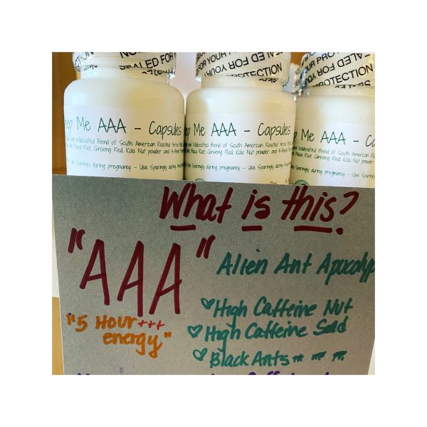 Alien Ant Apocalypse (AAA) Capsules blend is a high caffeine blend that gives energy and mental clarity and can be felt immediately.